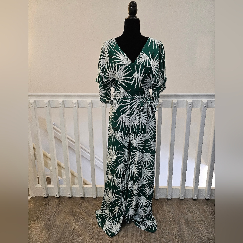 MODCLOTH Collectif Green and White Palm Print Jumpsuit NWT